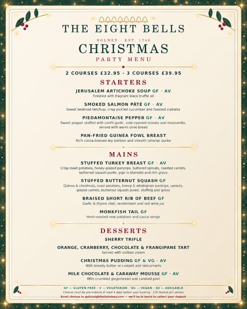 The Eight Bells Christmas Party Menu — designed card